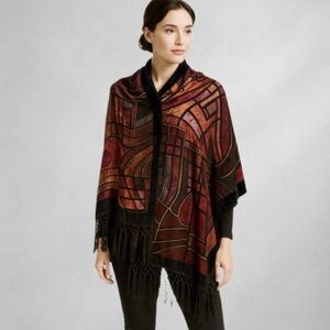 CCC Silk Bottom Rayon Top Fringed Scarf Abstract Geometrical Shimmer